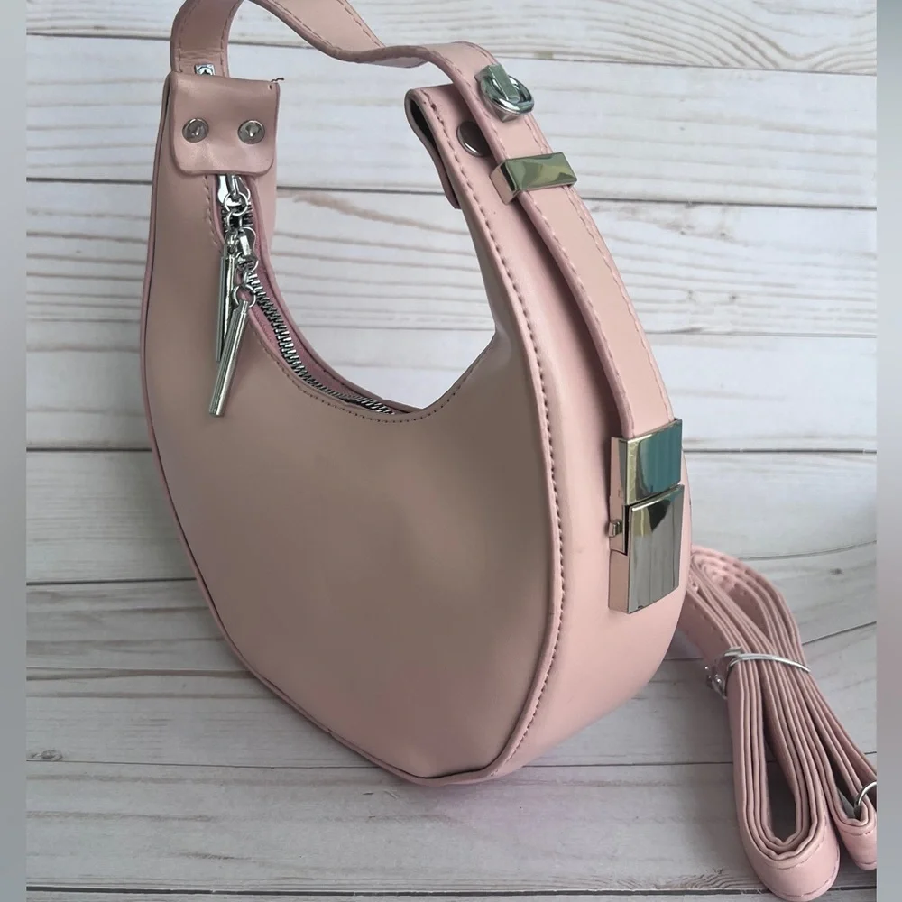 NWT Half-Moon Round Pink Barbie Color Small Purse Bag Women w Convertible Handle - Picture 9 of 9